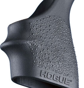 Close-up of a black Hogue pistol grip with a textured surface.