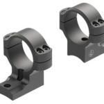 Pair of dark gray rifle scope ring mounts with screws, shown from two angles for scope attachment