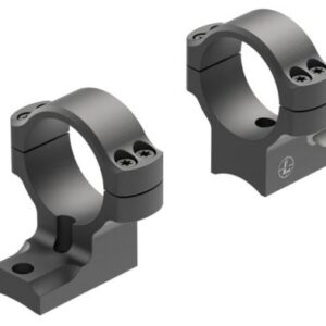 Pair of dark gray rifle scope ring mounts with screws, shown from two angles for scope attachment