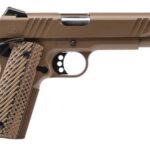 Left-side profile of a bronze/tan semi-automatic pistol with a textured grip and serrated slide.