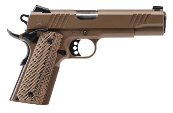 Left-side profile of a bronze/tan semi-automatic pistol with a textured grip and serrated slide.