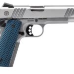 Side view of a stainless steel 1911 pistol with a blue textured grip (gun overview).