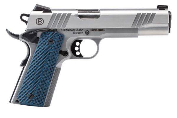 Side view of a stainless steel 1911 pistol with a blue textured grip (gun overview).