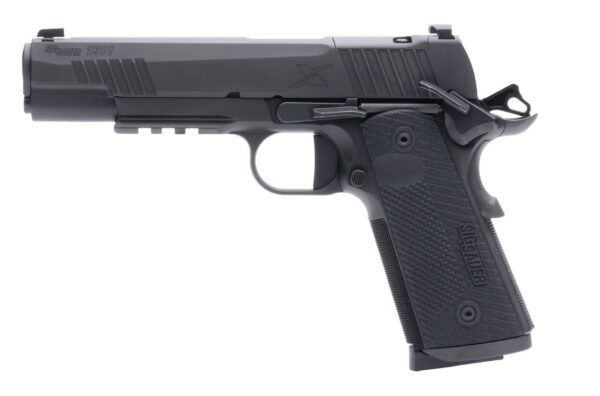 Side view of a black Sig Sauer 1911 semi-automatic pistol with a textured grip and visible slide markings.