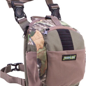 Camouflage tactical chest pack with padded front pocket and adjustable straps for outdoor use