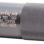 Close-up of a knurled metal shotgun choke labeled Carlson's Win Try .660, indicating compatibility with lead, copper, or HEV-shot.