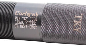 Close-up of a knurled metal shotgun choke labeled Carlson's Win Try .660, indicating compatibility with lead, copper, or HEV-shot.