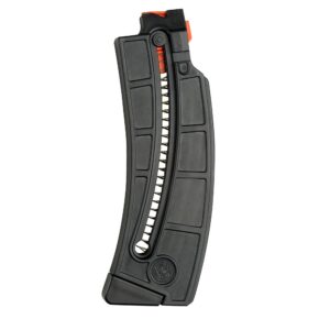 Curved black rifle magazine with an orange follower visible at the top.