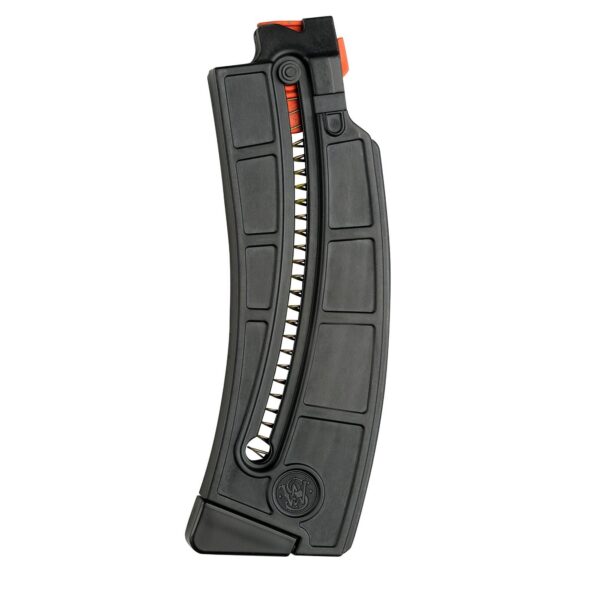 Curved black rifle magazine with an orange follower visible at the top.