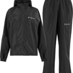 Black Frogg Toggs rain jacket and pants set, lightweight waterproof rainwear for outdoor use