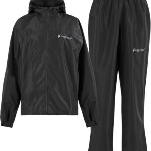Black Frogg Toggs rain jacket and pants set, lightweight waterproof rainwear for outdoor use
