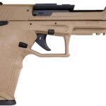 Tan Taurus semi-automatic pistol with black trigger, textured grip, and top-mounted sights (.22 LR).
