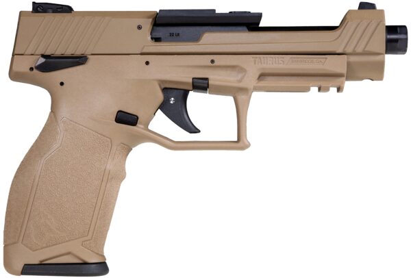 Tan Taurus semi-automatic pistol with black trigger, textured grip, and top-mounted sights (.22 LR).