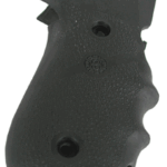 Black textured handgun grip panel with ergonomic finger grooves and two screw holes