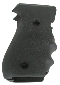 Black textured handgun grip panel with ergonomic finger grooves and two screw holes