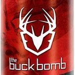 Red and black bottle labeled 'The Buck Bomb' with 'Doe in Estrus' deer urine—an all-natural premium scent for hunting.