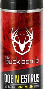 Red and black bottle labeled 'The Buck Bomb' with 'Doe in Estrus' deer urine—an all-natural premium scent for hunting.