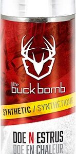 Can of Buck Bomb synthetic doe estrus scent for deer hunting with red label and yellow caution band