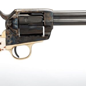 Single-action revolver with an ivory-grain grip and weathered metal frame, shown in profile against a white background.