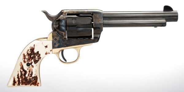 Single-action revolver with an ivory-grain grip and weathered metal frame, shown in profile against a white background.
