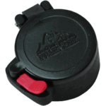 Black circular camera lens cap with a red locking lever on the side.
