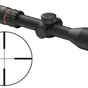 Black rifle scope with adjustment knobs and a separate crosshair reticle diagram beside it, shown in black.