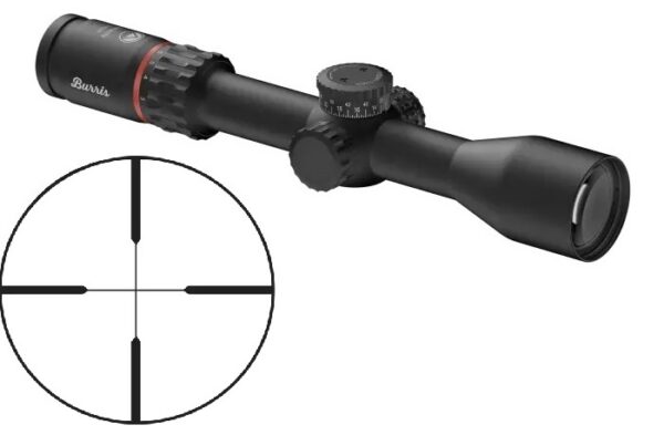 Black rifle scope with adjustment knobs and a separate crosshair reticle diagram beside it, shown in black.