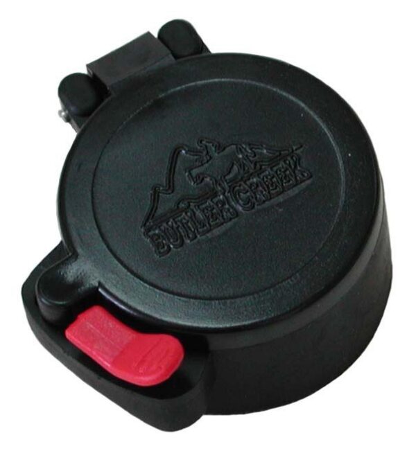 Round black lockable fuel cap with a red release lever/latch on the front surface feature.