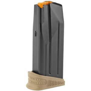 Black firearm magazine with an orange follower and tan curved base plate visible at the bottom.