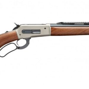 Lever-action rifle with wooden stock and long barrel in profile view.