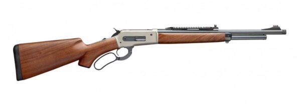 Lever-action rifle with wooden stock and long barrel in profile view.
