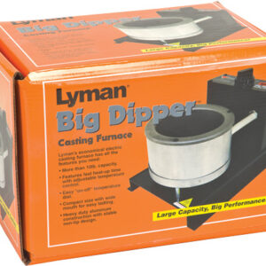 Box packaging for a Lyman Big Dipper Casting Furnace on an orange background, showing the furnace image and bold product name.
