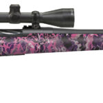 Bolt-action rifle with pink camouflage finish and a mounted scope on top.