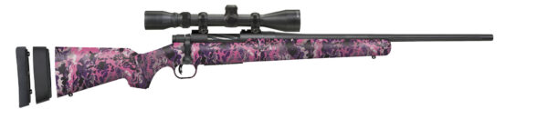 Bolt-action rifle with a pink camouflage stock and a mounted optical scope, shown on a white background.