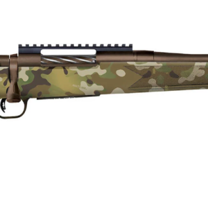 Bolt-action rifle in woodland camouflage, side profile, long brown barrel with black recoil pad at the stock.