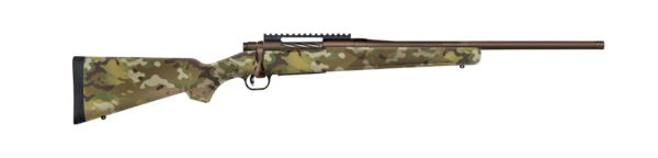 Camouflage-pattern bolt‑action rifle with brown barrel and stock, pictured from the side on a white background