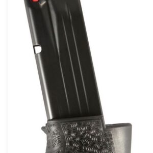 Black handgun magazine with a red follower visible at the top and a textured base plate at the bottom, photographed upright against a white background.