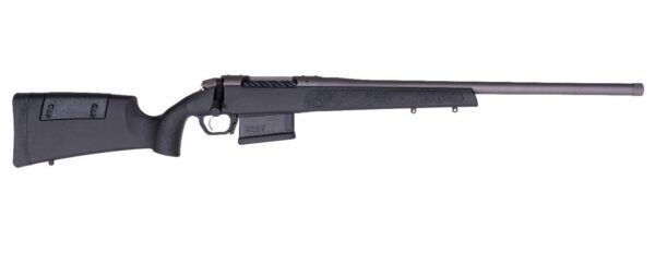 Bolt-action rifle with a long barrel and black synthetic stock shown against a white background.