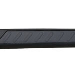Black polymer rifle buttstock with a textured grip pad along the center