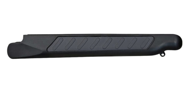 Black polymer rifle buttstock with a textured grip pad along the center