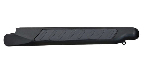 Long black plastic handle with diagonally textured grip pads in the center area