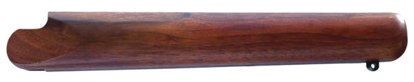 Polished walnut rifle forend with a curved grip section and a sling attachment at the far end.