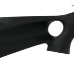 Black shoulder stock attached to a silver handgun frame, shown in profile to illustrate a firearm stabilization accessory