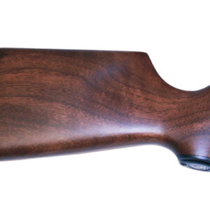 Wooden rifle stock with a textured recoil pad at the butt and curved grip area on white background