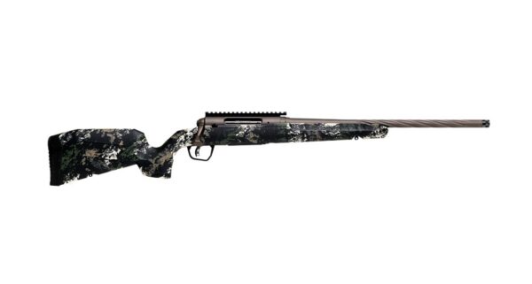 Camouflage-pattern hunting rifle shown in profile with a long barrel and stock details visible