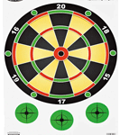 Traditional dartboard with numbered segments and red bullseye; three green circular target logos below.