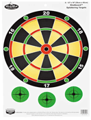 Traditional dartboard with numbered segments and red bullseye; three green circular target logos below.
