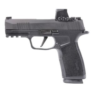 Compact semi-automatic pistol with a mounted red dot sight and textured grip, shown in profile.