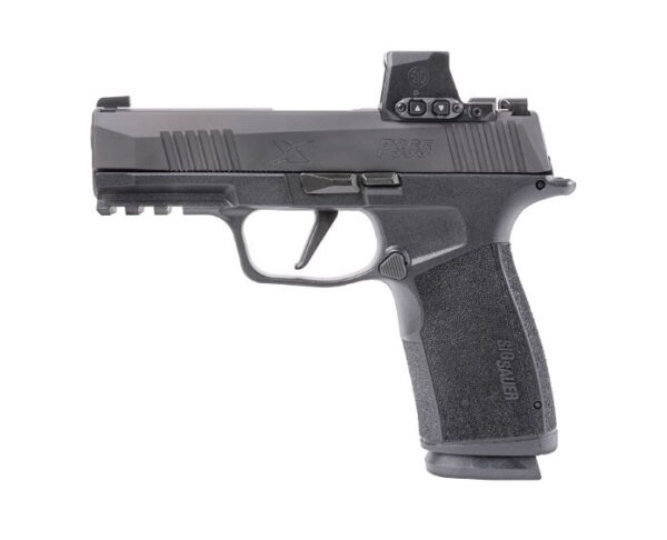 Compact semi-automatic pistol with a mounted red dot sight and textured grip, shown in profile.
