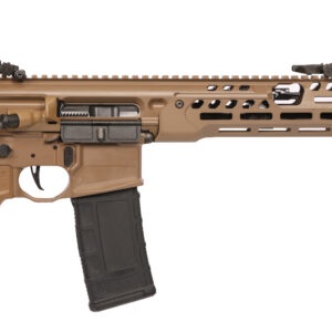 Tan AR-style rifle with a long handguard, top rail, and detachable black magazine.